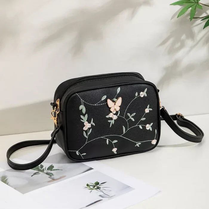 Floral Embroidered Crossbody Bag with Butterfly Charm Black
