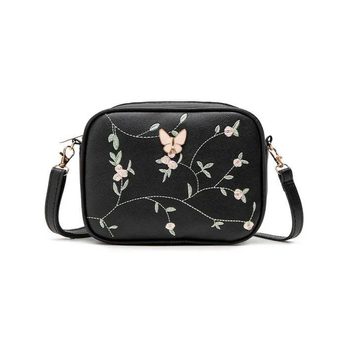 Floral Embroidered Crossbody Bag with Butterfly Charm Black