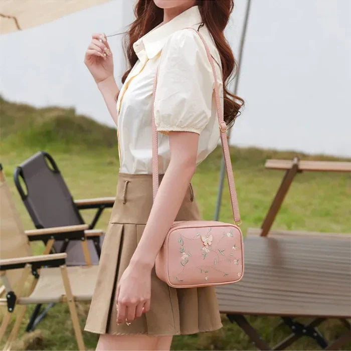 Floral Embroidered Crossbody Bag with Butterfly Charm Pink