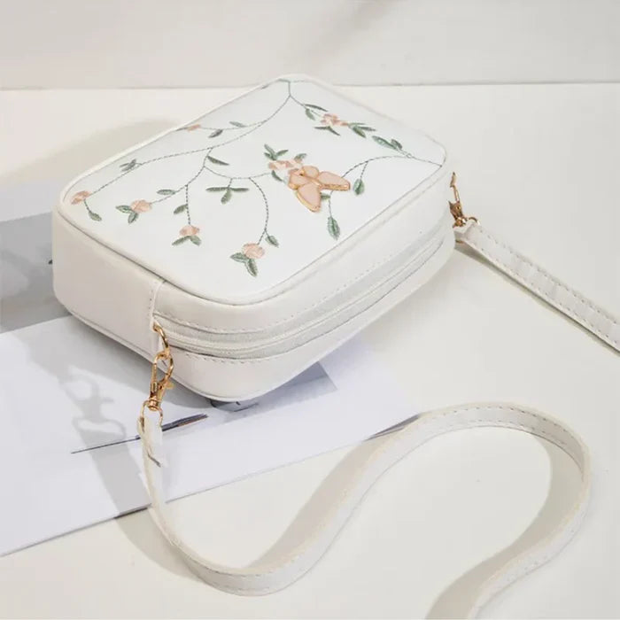 Floral Embroidered Crossbody Bag with Butterfly Charm